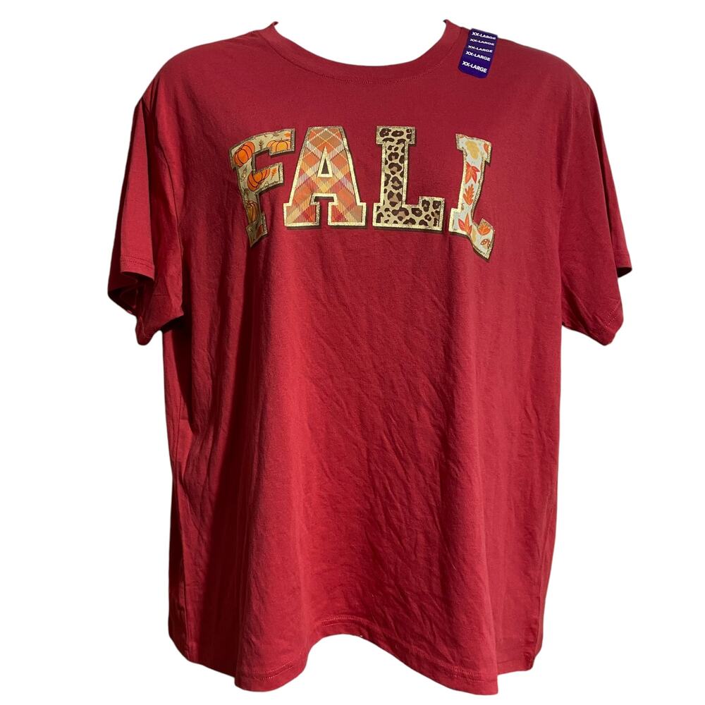 State of Mine Women XXL Paprika Red Fall Graphic Tee Shirt Pumpkins Leopard NWT